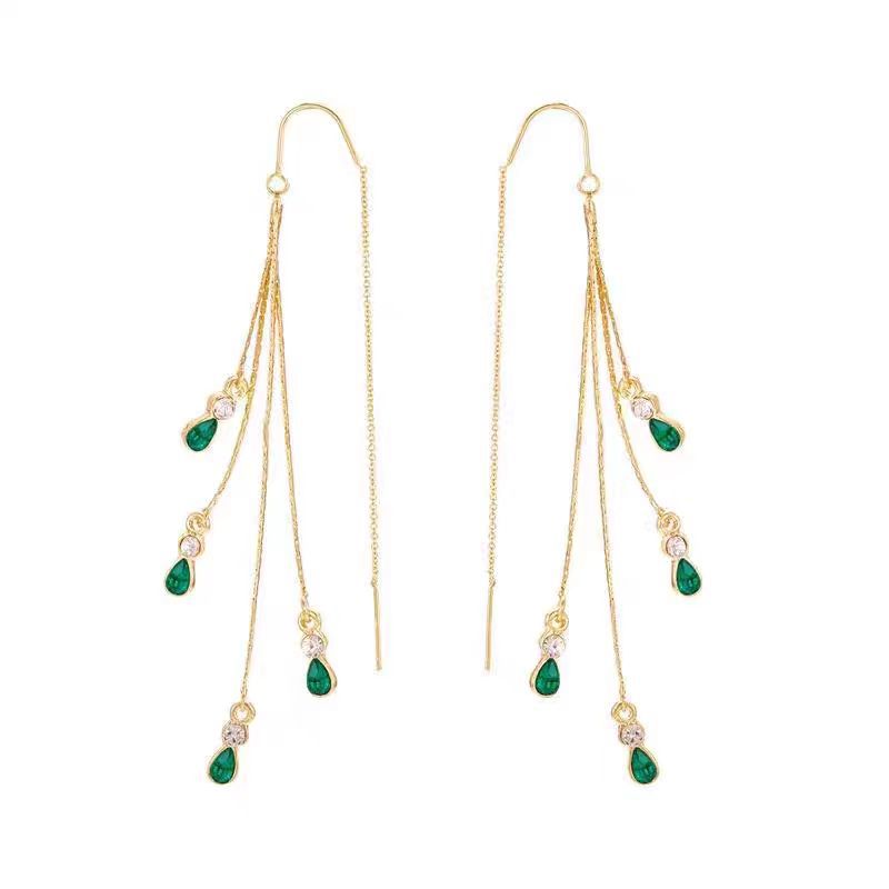 Green crystal tassel ear line earrings with zircon drop, gold finish