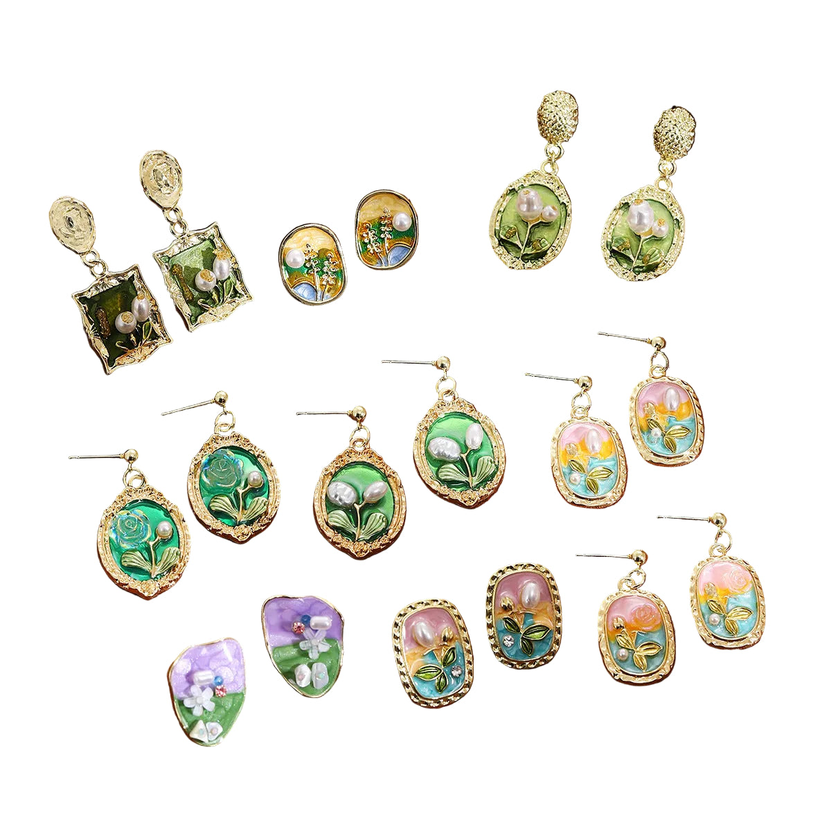 Monet Garden vintage oil painting earrings full collection, studio shot