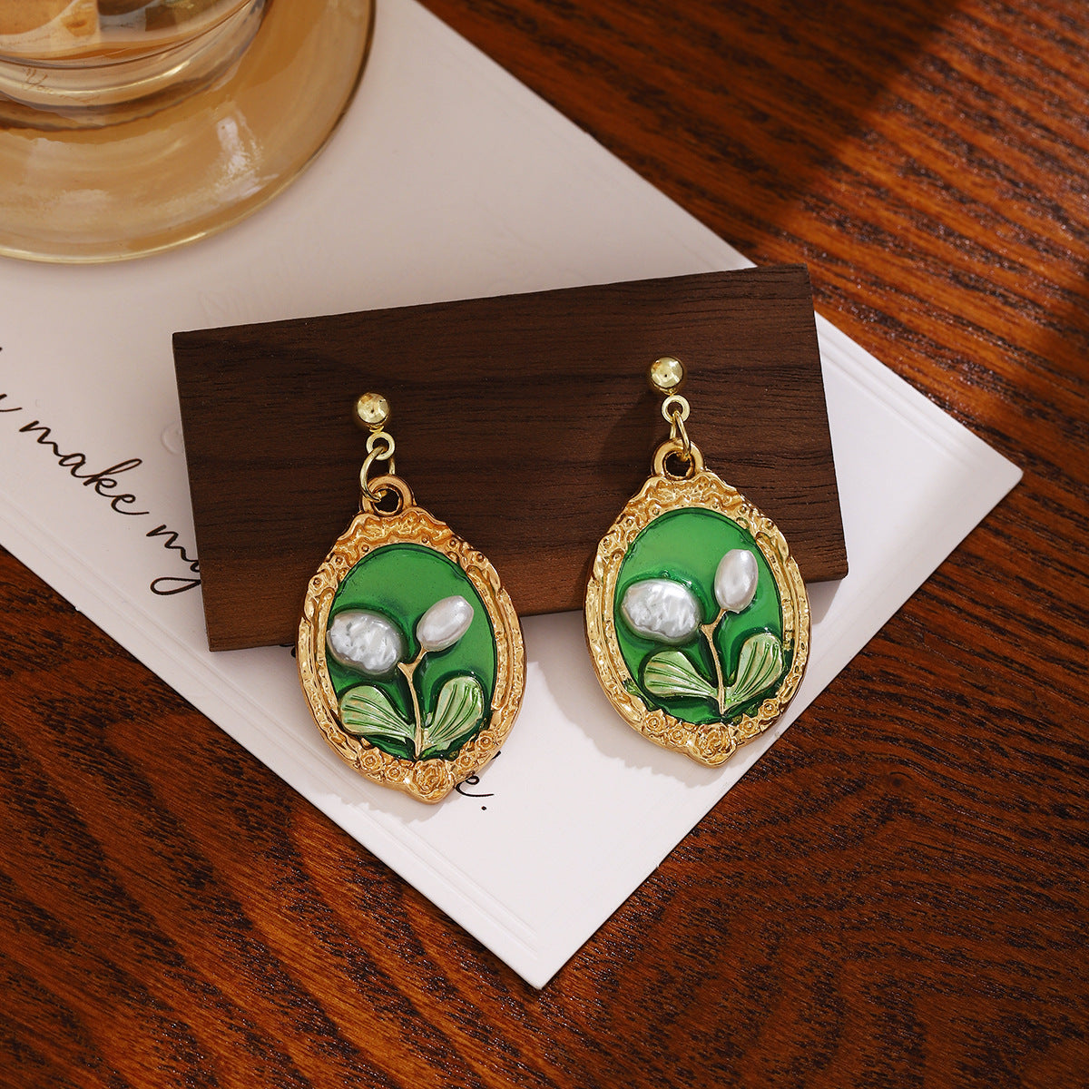 Monet Garden green pearl drop earrings, vintage oil painting style on wood