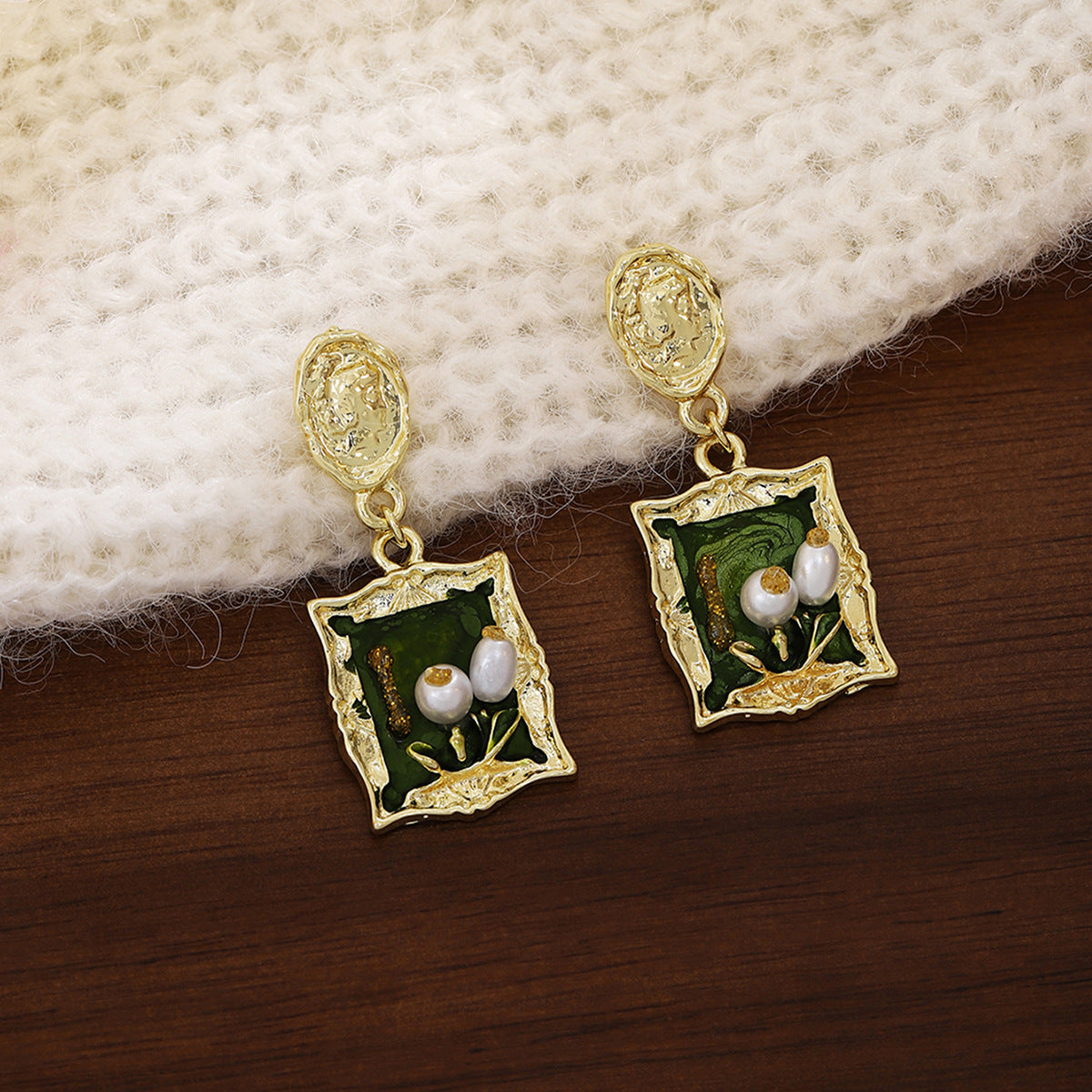 Monet Garden green pearl drop earrings, vintage oil painting style on wood