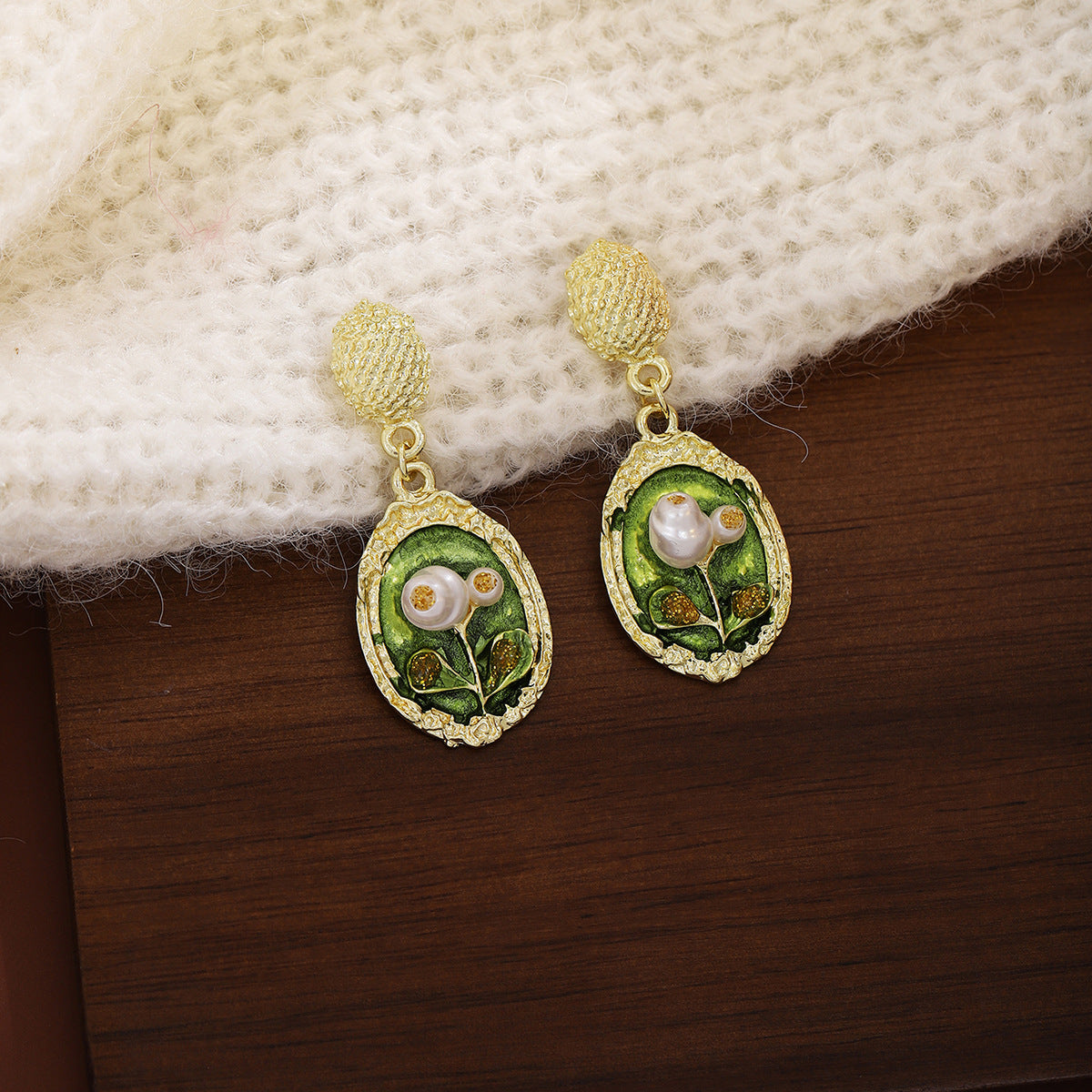 Monet Garden oval green pearl drop earrings, vintage oil painting style