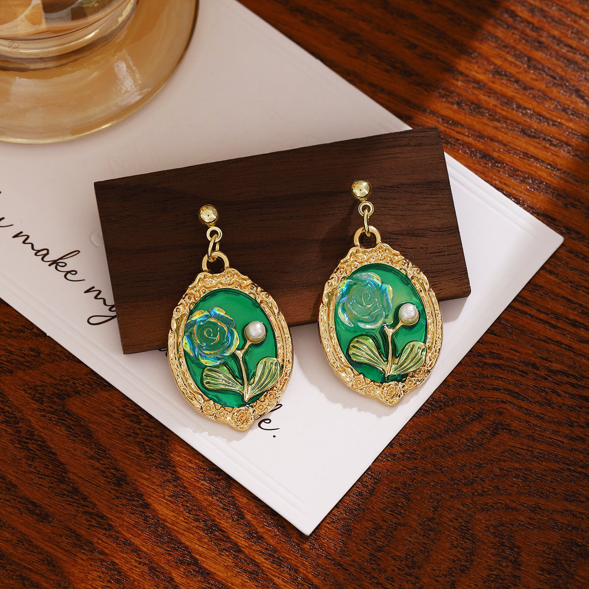 Monet Garden green rose pearl drop earrings, vintage oil painting style