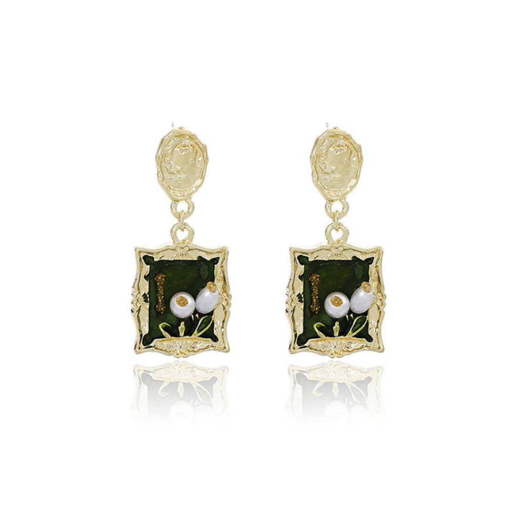 Monet Garden green tulip pearl drop earrings, vintage oil painting style studio shot