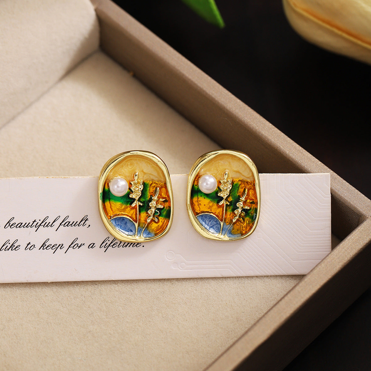 Monet Garden pearl earrings, vintage oil painting style in gift box
