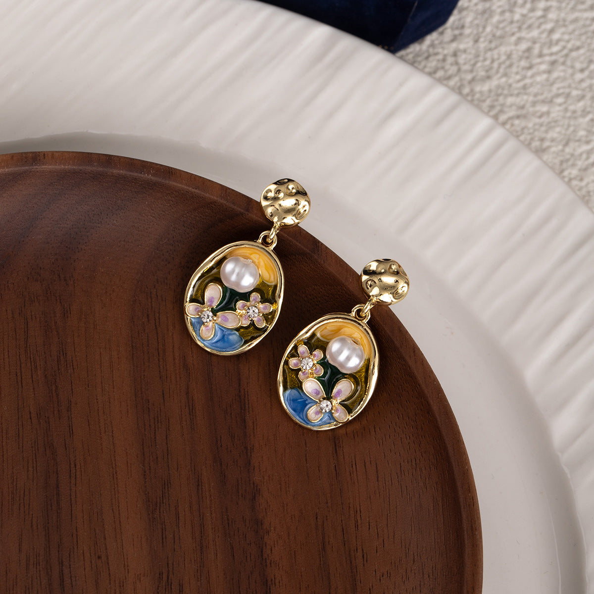 Monet Garden pearl earrings, vintage oil painting style on wooden plate