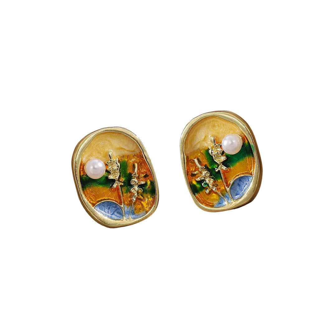Monet Garden orange green blue enamel pearl earrings, vintage oil painting style