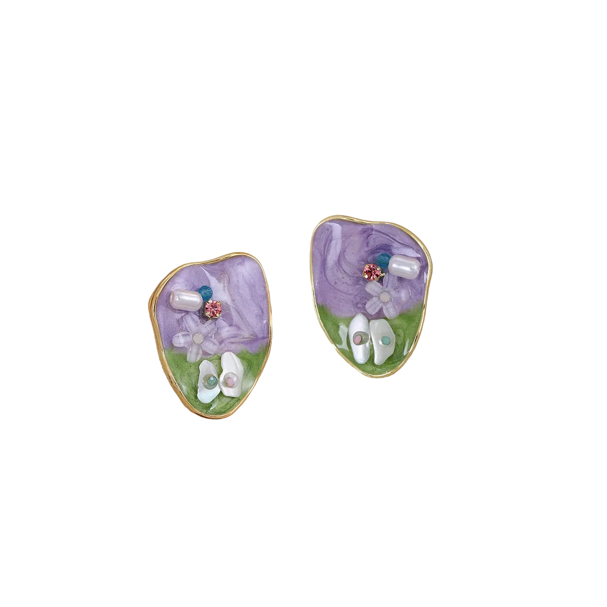 Monet Garden purple green enamel pearl earrings, vintage oil painting style