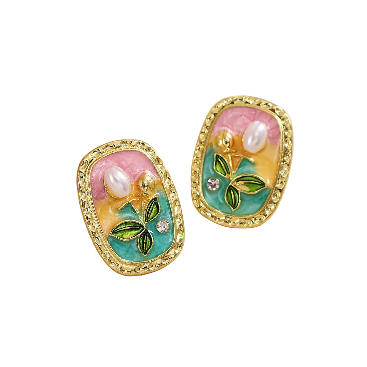 Monet Garden enamel pearl earrings, pink green yellow vintage oil painting style