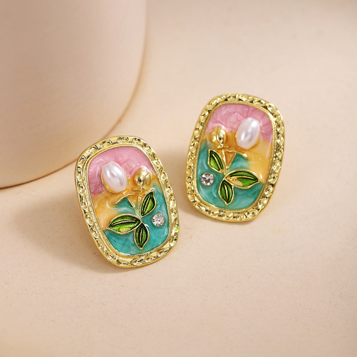 Monet Garden pink green yellow pearl earrings, vintage oil painting style