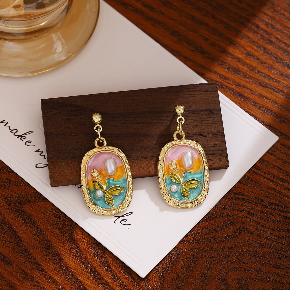 Monet Garden pink orange blue pearl drop earrings, vintage oil painting style