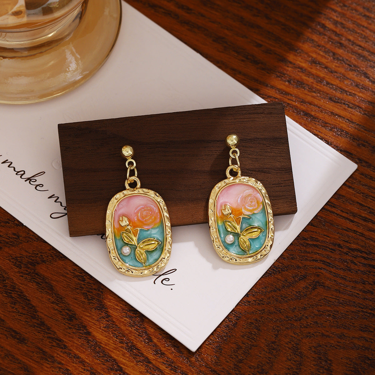 Monet Garden pink orange blue rose earrings, vintage oil painting style