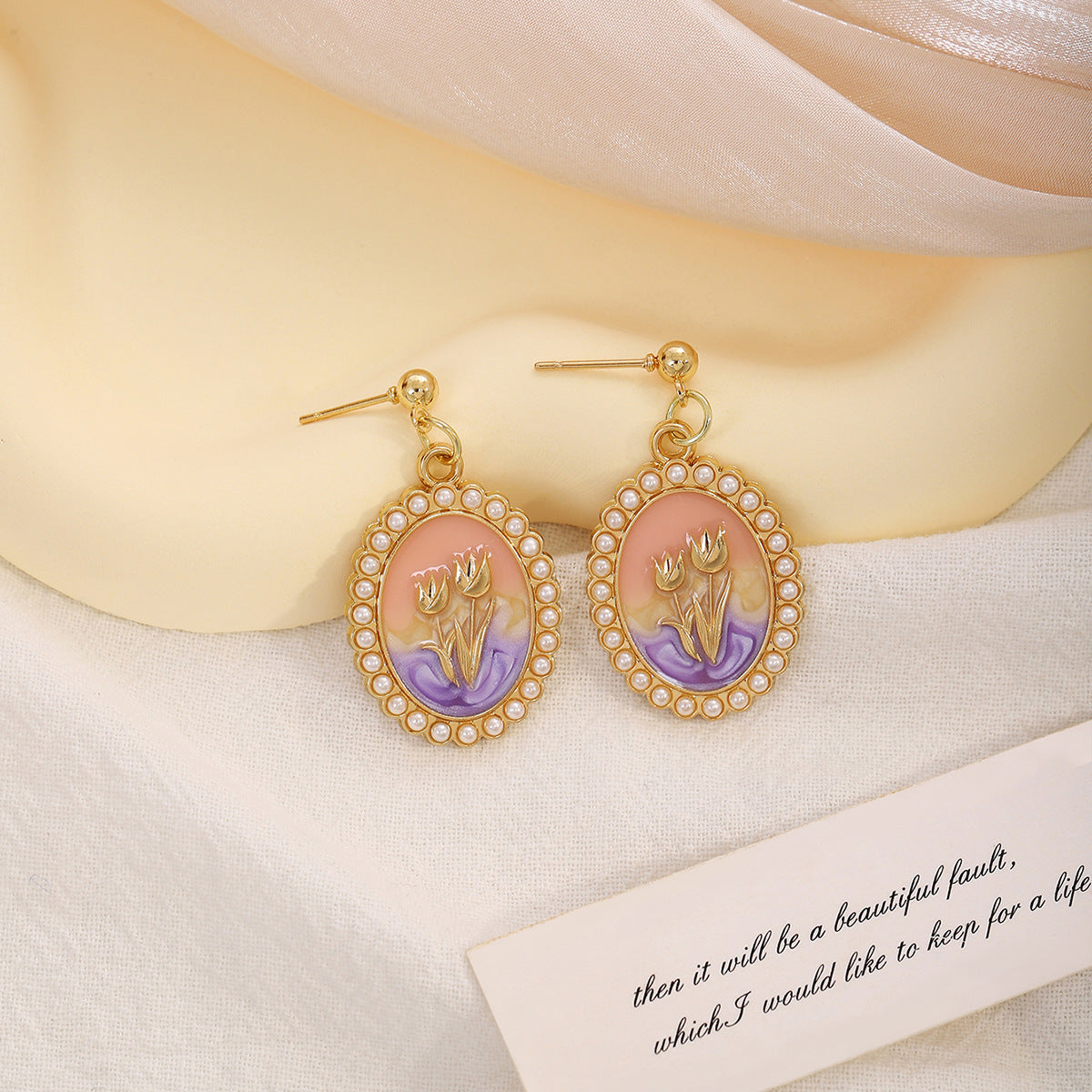 Monet Garden pink purple tulip earrings, vintage oil painting style