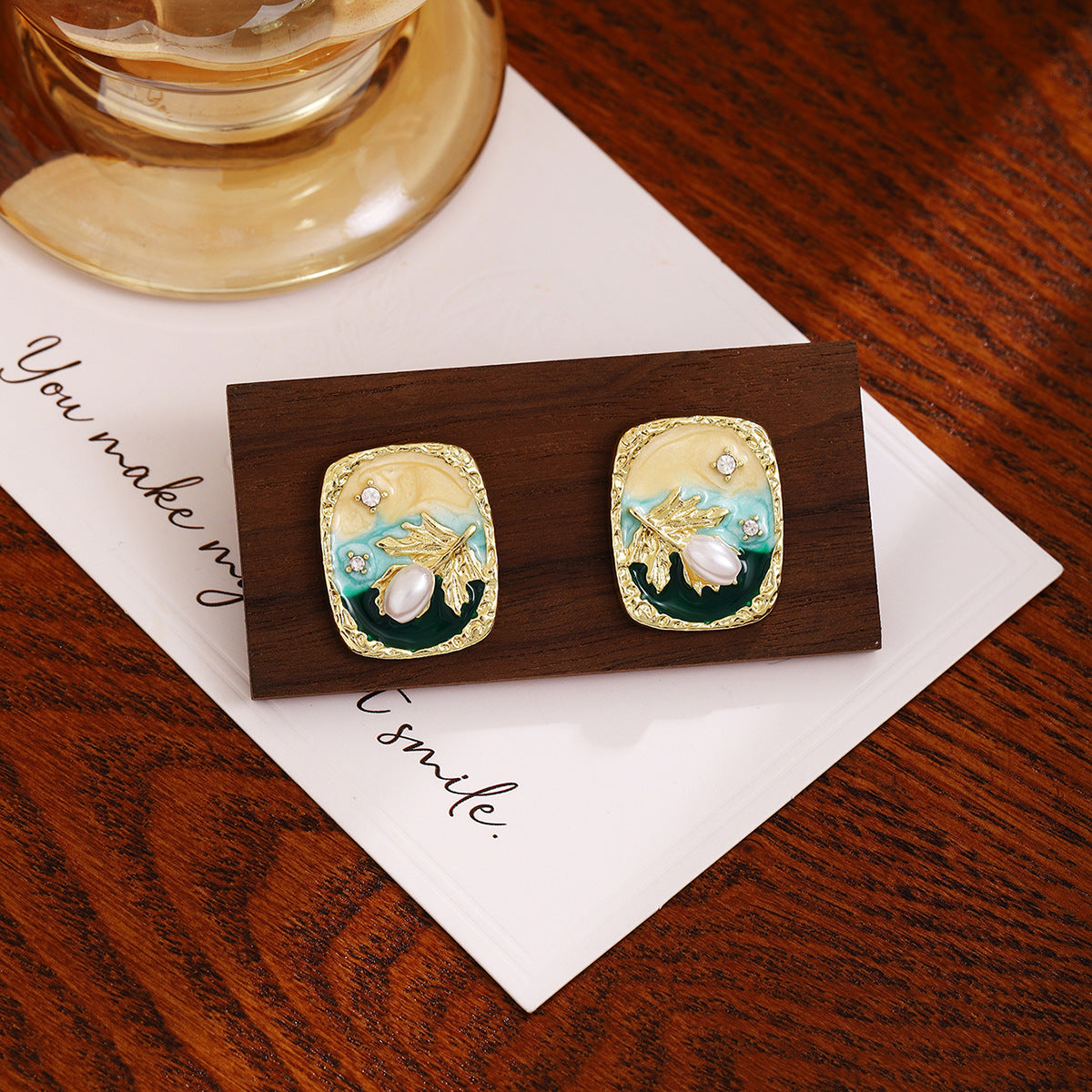 Monet Garden yellow green enamel earrings, vintage oil painting style