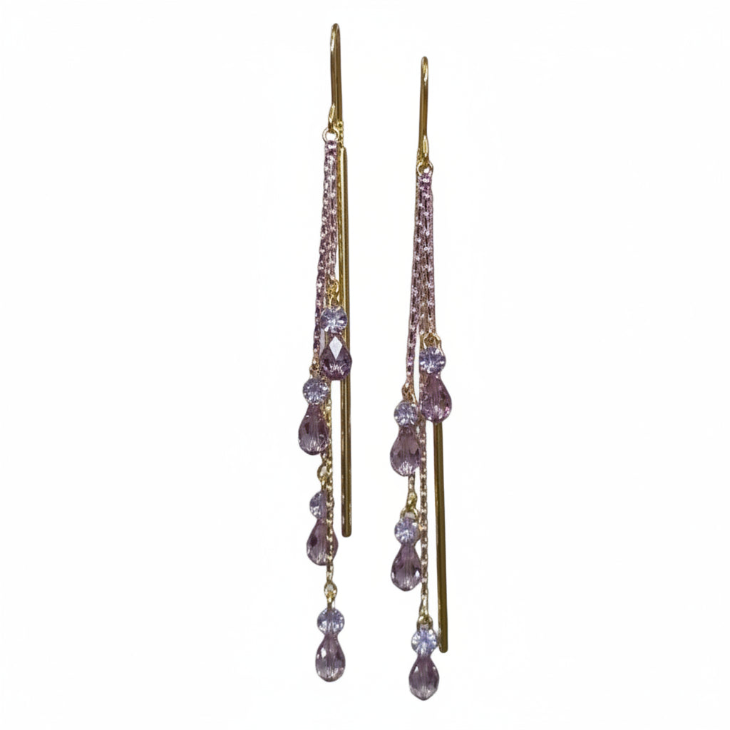 Purple crystal tassel ear line earrings with zircon drop, gold finish