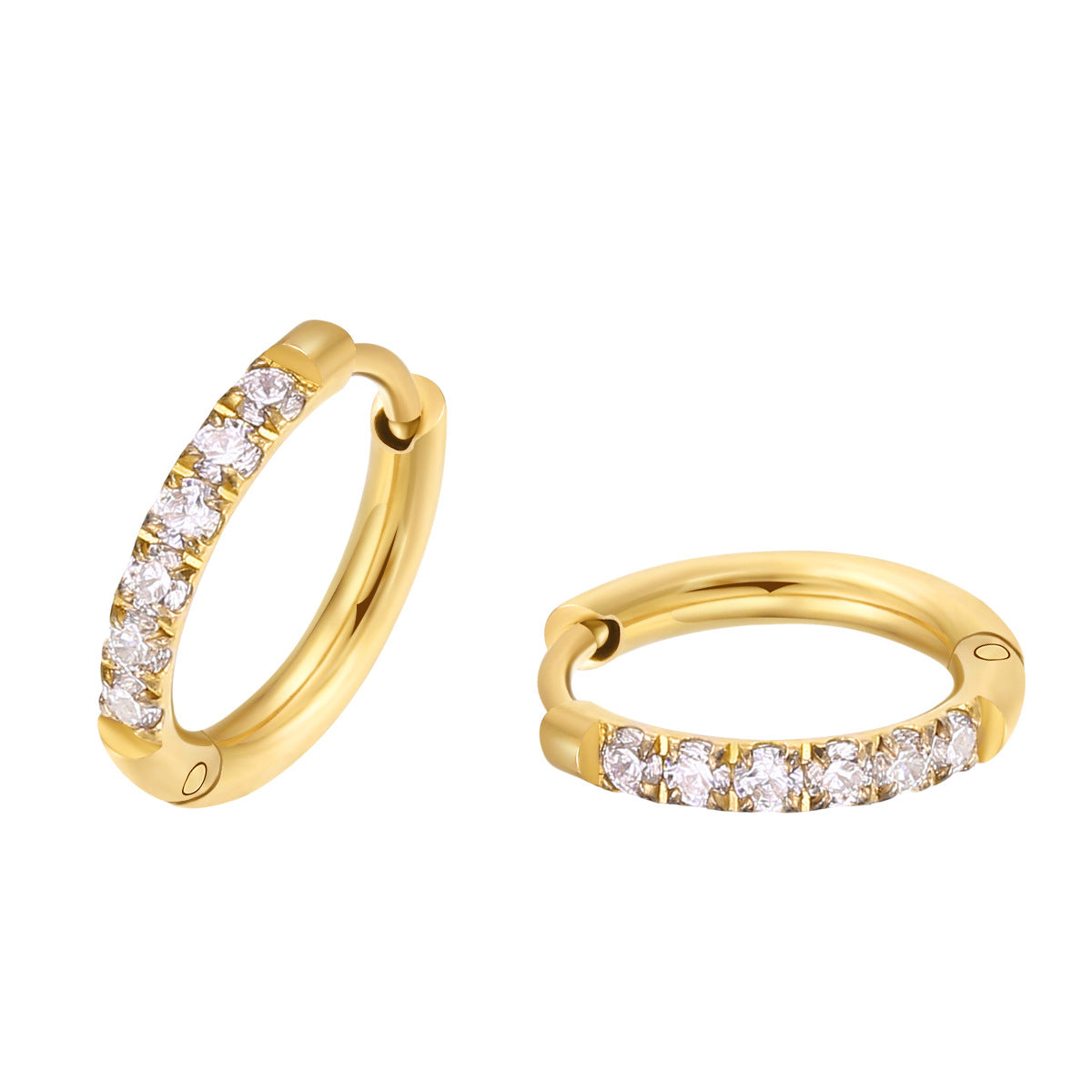 Close-up view of gold titanium steel hoop earrings with zirconia stones