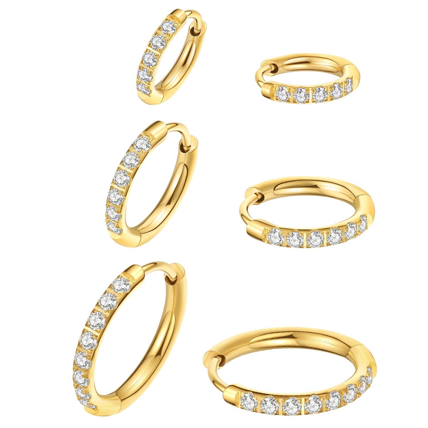 Gold titanium steel zirconia hoop earrings in different sizes (8-16mm)