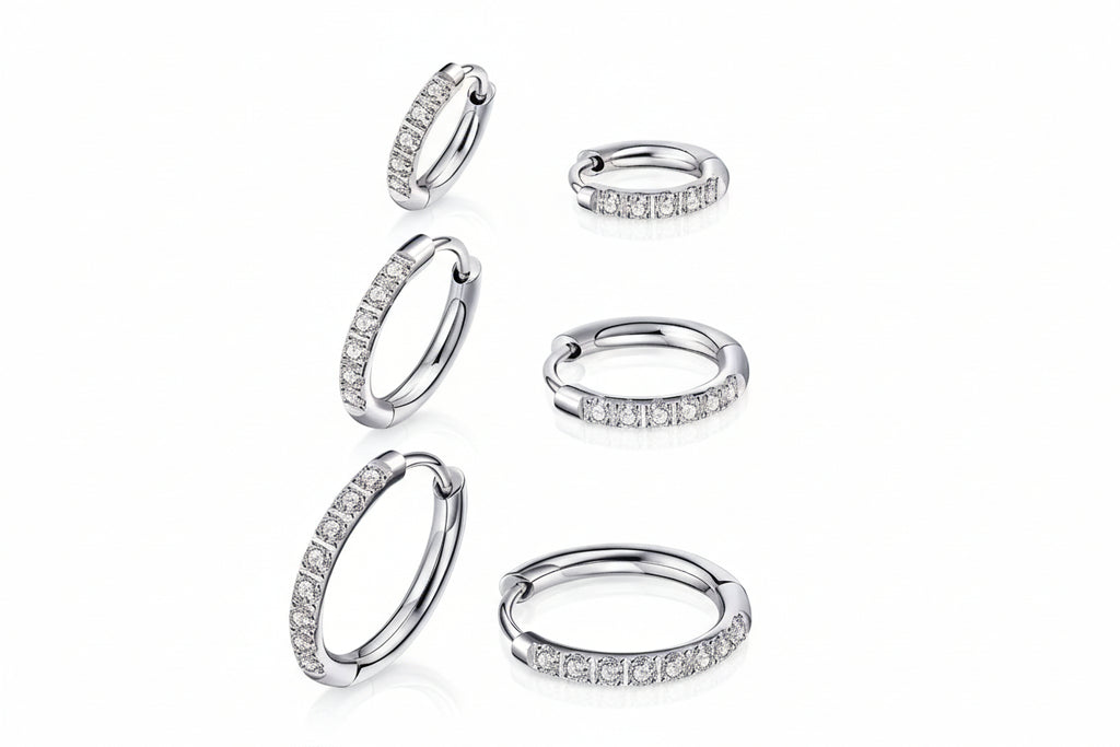 Silver titanium steel zirconia hoop earrings in different sizes (8-16mm)