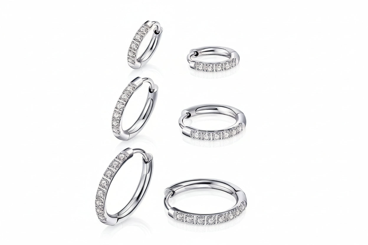 Silver titanium steel zirconia hoop earrings in different sizes (8-16mm)