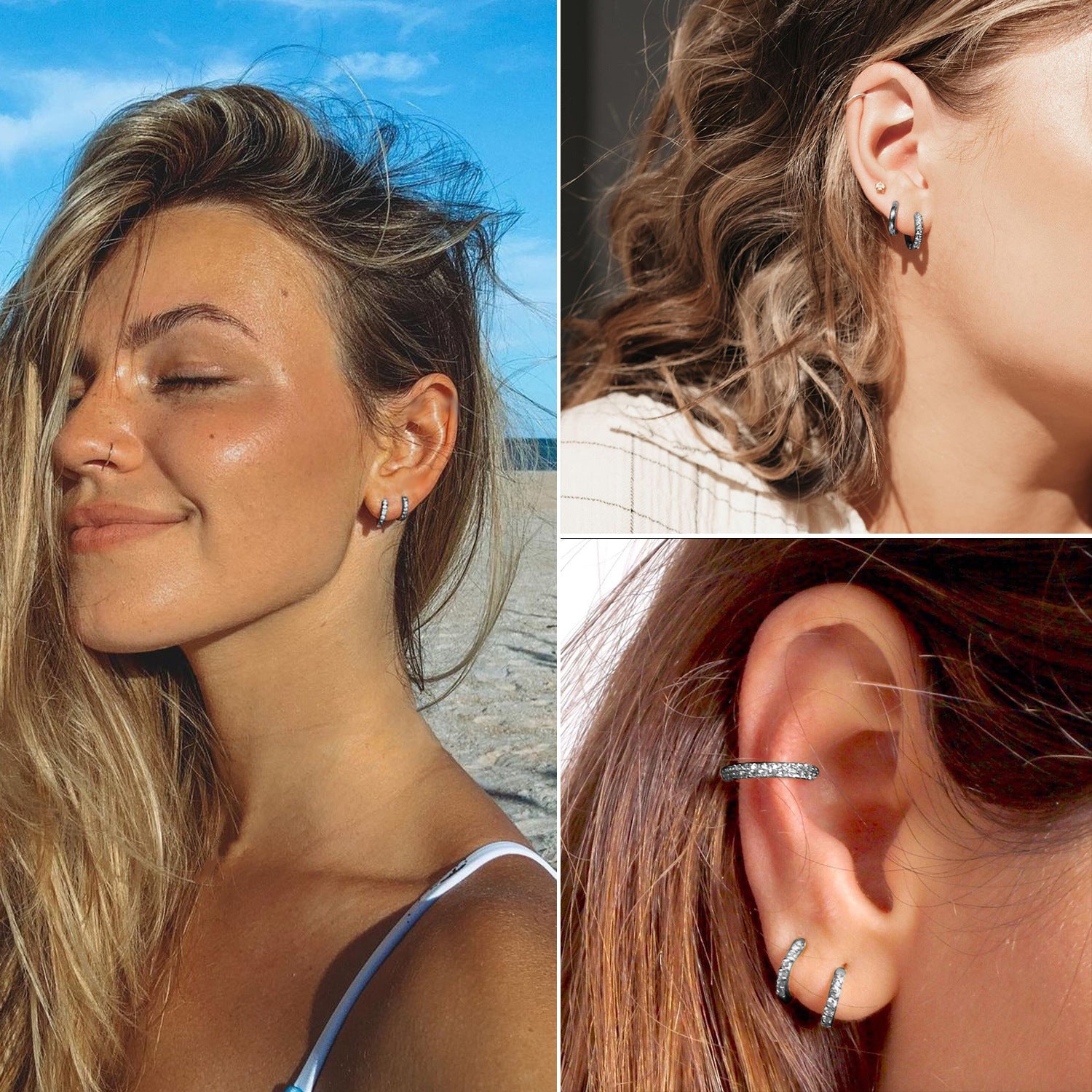 Titanium steel zirconia hoop earrings worn on multiple piercings, silver finish
